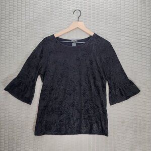 Ann Taylor Black Velvet Burnout Bell Sleeves-Floral-Sz S